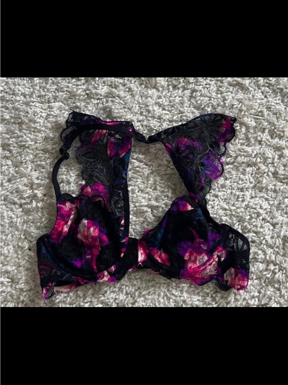 Victoria's Secret Black Lace Bra with Pink and Purple Floral Print